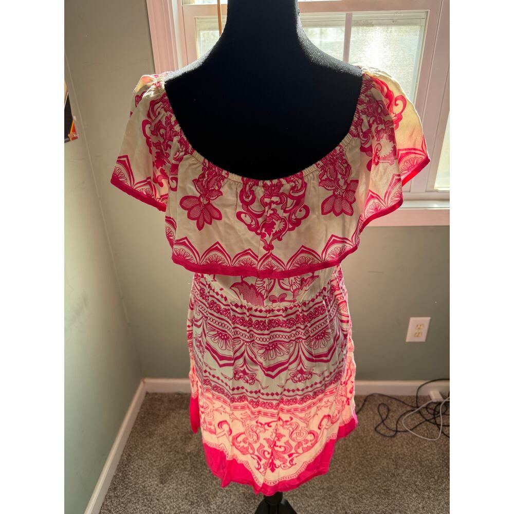 Flying Tomato Large Pink White Floral Print Off Shoulder Peasant Boho Mini Dress - Picture 3 of 8